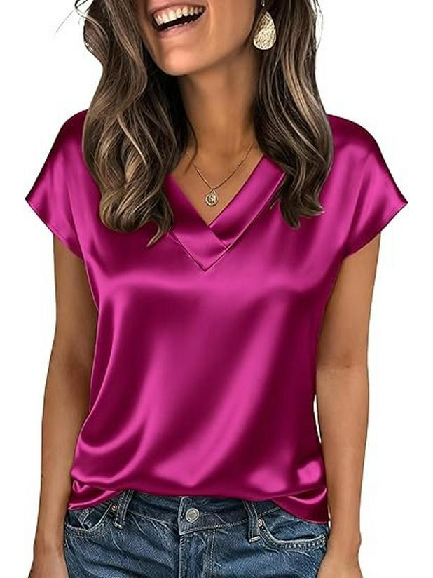 Women's Solid Color Satin V-neck T-shirt - Spring/Summer European & American Fashion Pullover Top