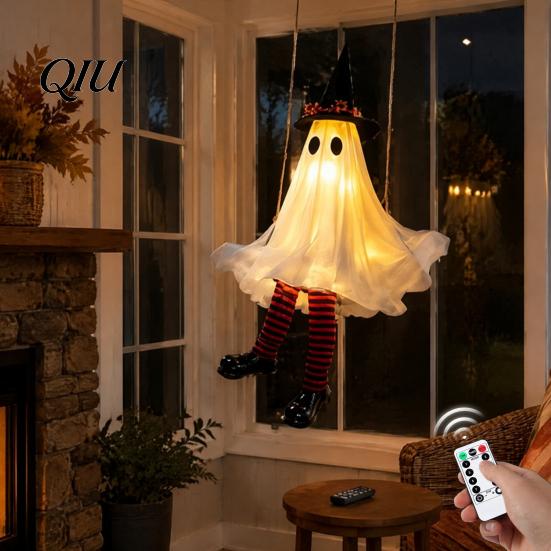 Halloween-Eingangsbereich Dekoration Hängende Schaukel Geist Dekoration, Leuchtend Große Schaukelnde mit Beleuchtetem Veranda Hexenhut Und Gestreiften Beinen für den Garten