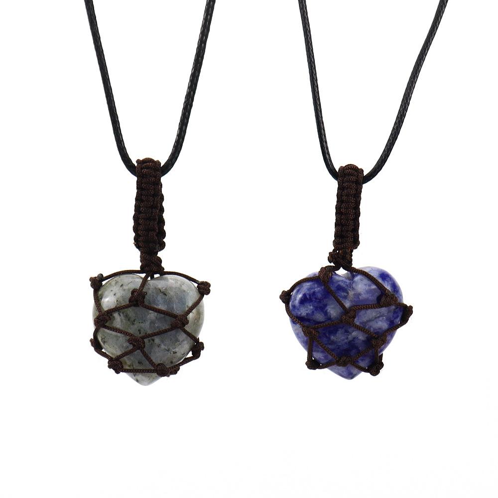 Natural Crystal Tiger Stone Agate Heart-Shaped Love Hand-Woven Mesh Pocket Pendant Necklace N704