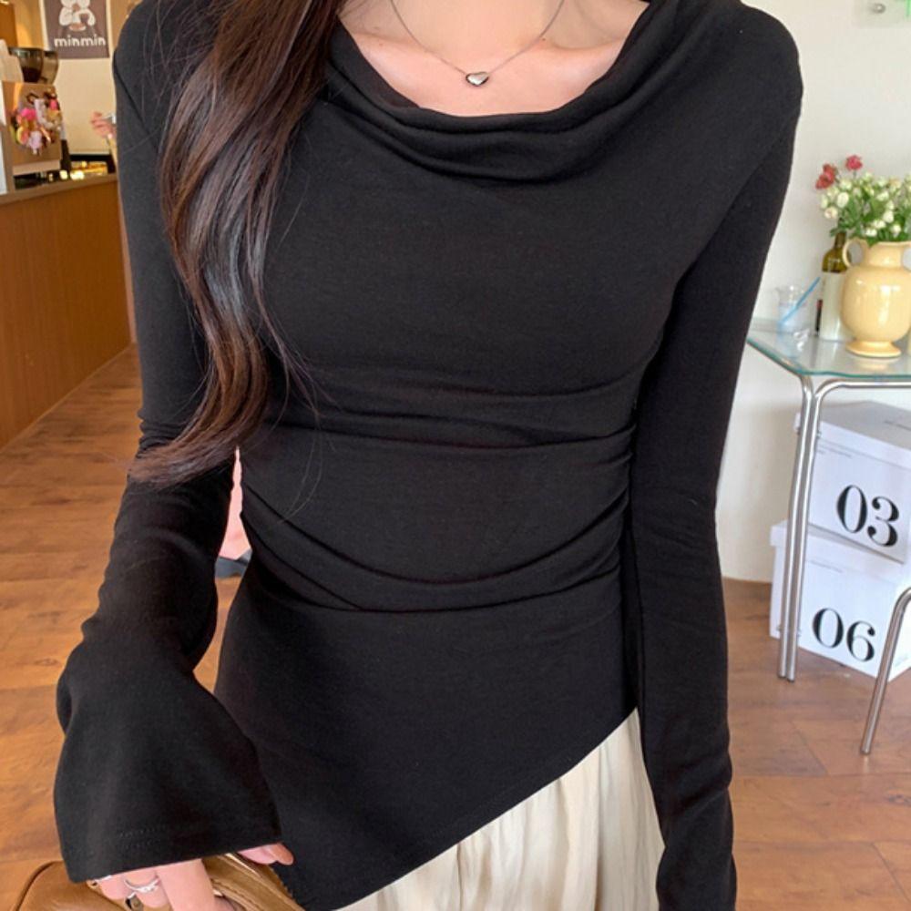 Slim Fit Long Sleeve T-shirt Chic T Shirts Women Y2k Slanted Shoulder Pullover Streetwear