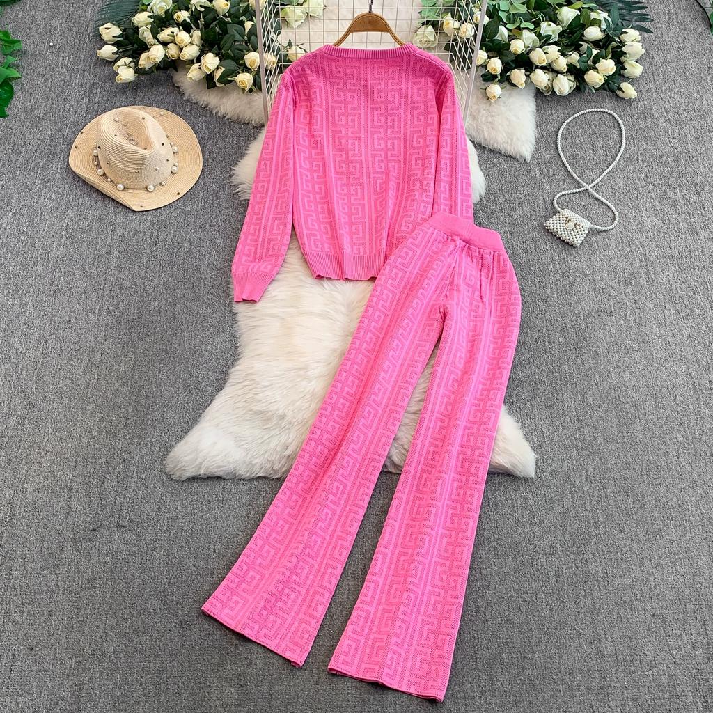 Jesień Zima Damski Designerski Wzorzysty Dzianinowy Sweter Spodnie Dwuczęściowy Zestaw Długi Rękaw Jednorzędowa Kurtka Top i Spodnie z Elastycznym Pasem Dres