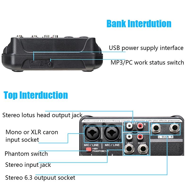 Portable 4 Channels Audio Audio Mixer A4 Sound Mixing Console Bluetooth Record 48V Phantom Powe EffectsMixer with USB New