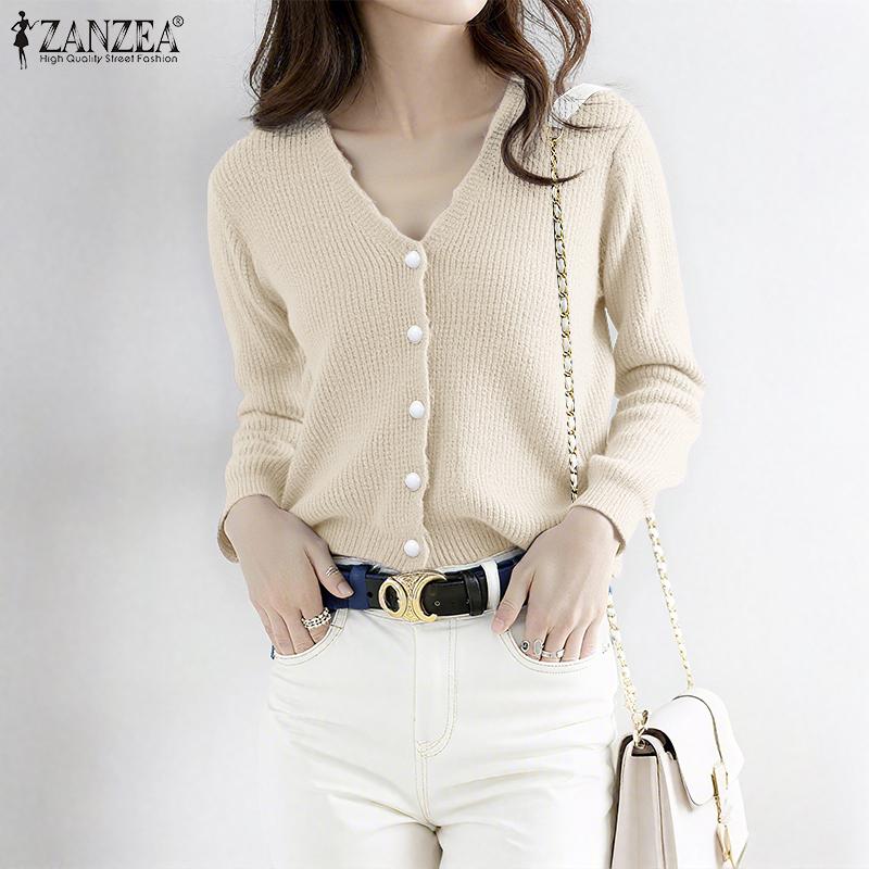 ZANZEA Herbst Elegante Damen V-Ausschnitt Langarm Textur Lässige Strickwaren Cardigans
