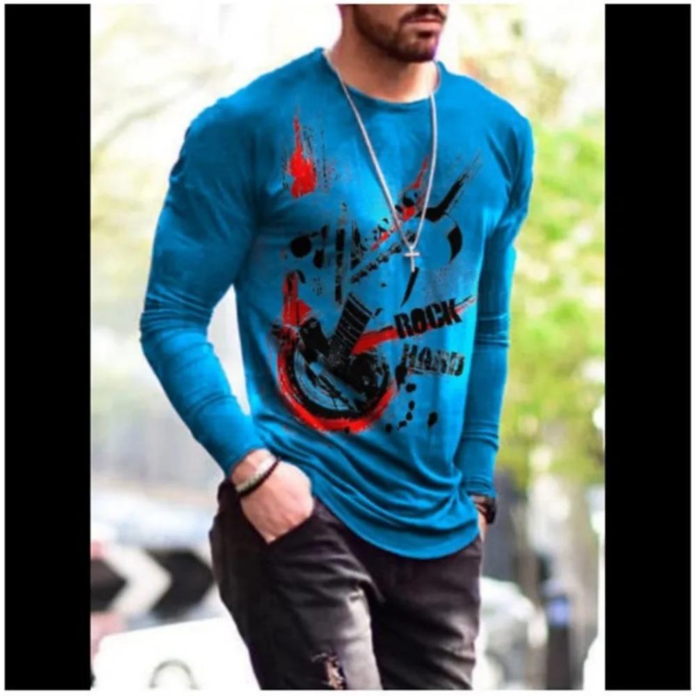 Camiseta masculina retrô com gola redonda e manga comprida, estampa colorida em bloco 3D, primavera, outono, solta, casual, roupa masculina