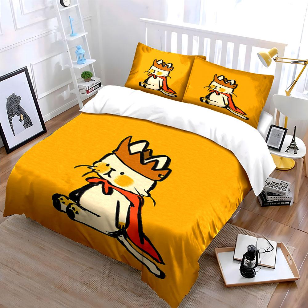 Cartoon Cat King with Crown Bedding Duvet Cover Set Duvet Cover Pillowcases (1*Duvet Cover 2*Pillowcases, without duvet insert)