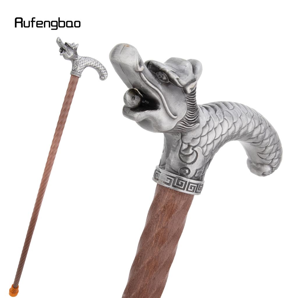 Silver Dragon Wooden Single Joint Fashion Walking Stick Decorative Cospaly Cane Halloween Mace Crutch Wand Crosier 95cm