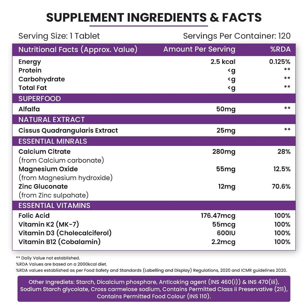 Vlados Himalayan Organics Luzerne Kalzium Tabletten Mit Vitamin D3 K2 Magnesium Zink Für Knochen Gelenk Muskel Unterstützung 120 Tabletten