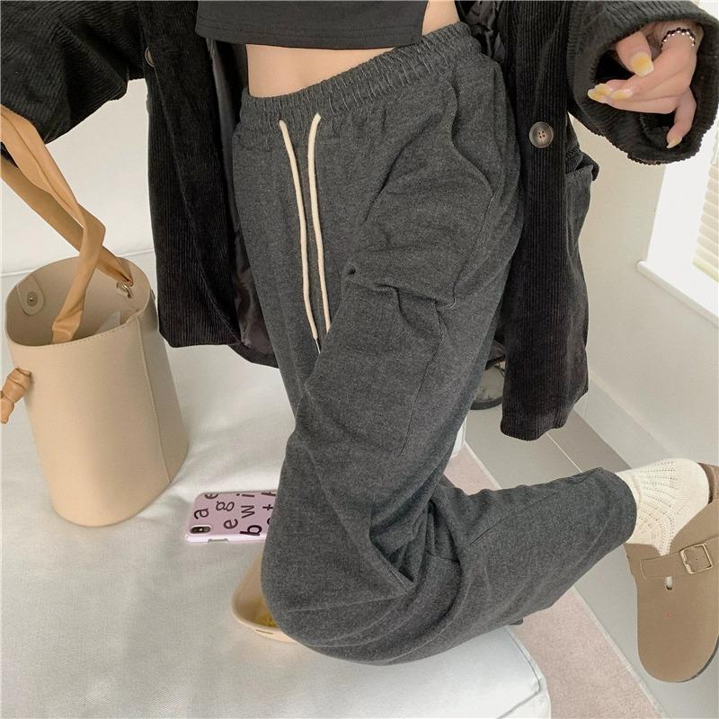 145cm Petite Women's High-Waisted Gray Wide-Leg Pants - Versatile Soft Autumn/Winter Casual Sportswear