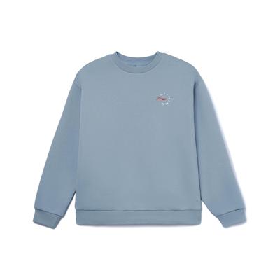 Li Ning Fitness Serisi Logo Baskılı Düz Renk Bol Yuvarlak Yaka Sweatshirt Kadın sweatshirt Sis Mavisi AWDR874-7