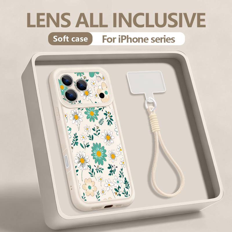 Cartoon Daisies Flower Pattern Lanyard Case For iPhone 17 Pro Max iPhone 16 15 Pro Max 14 13 11 16E 17E Shockproof Bumper Wristband Cover