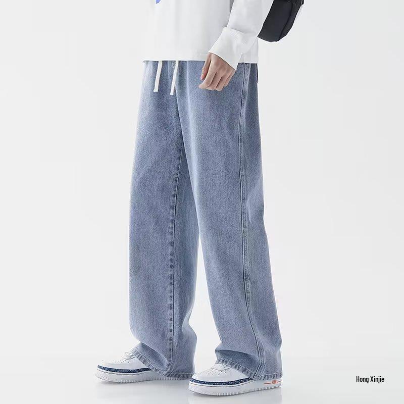 Jeans pour hommes à taille élastique et jambes larges - Style rétro automnal, Pantalon décontracté tendance à taille haute