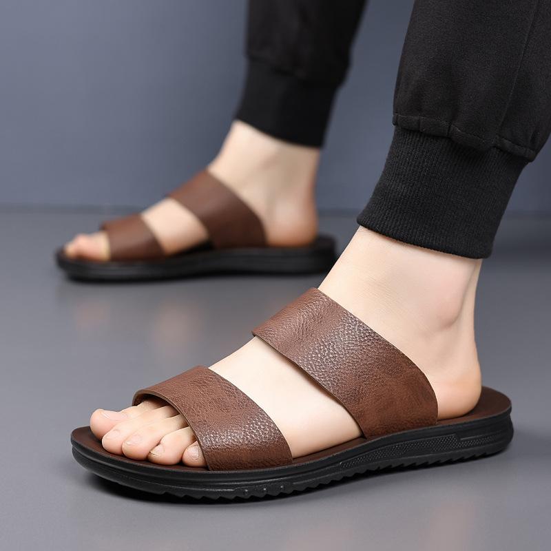 Summer New Shoes for Men Fashion Slippers Leather Casual Slides Street Cool Beach Shoes Man Sandals