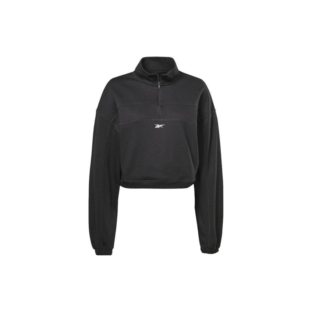 Reebok Half Zip Solid Color Stand Collar Short Sports Sweatshirt Women Sweatshirt Black HT4926
