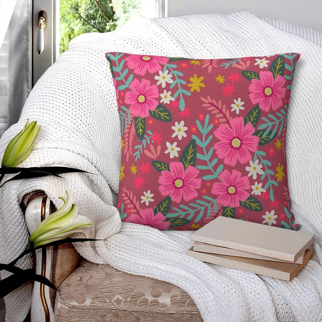 Pink Flower Meadow Pillowcase Polyester Linen Velvet Printed Zip Decor Pillow Case Room Cushion Cover