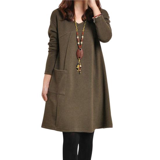 

Женское осеннее платье с круглым вырезом, свободный однотонный пуловер с накладными карманами, сохраняющий тепло, женская одежда больших размеров, женское зимнее платье для работы L кофейный