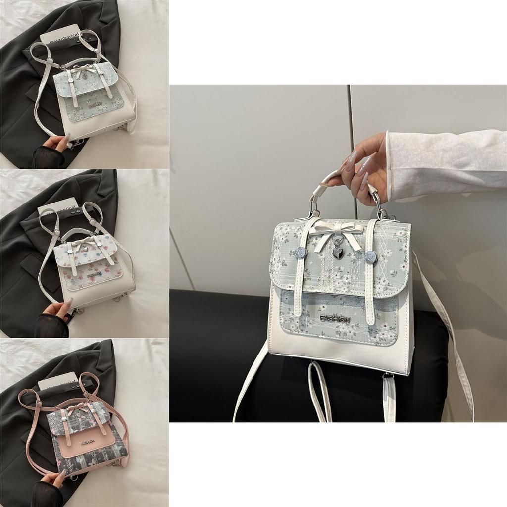 Sweet Print Splicing Design Bow And Lace Decoration Women Casual Shoulder Bag For Work And Casual Outings