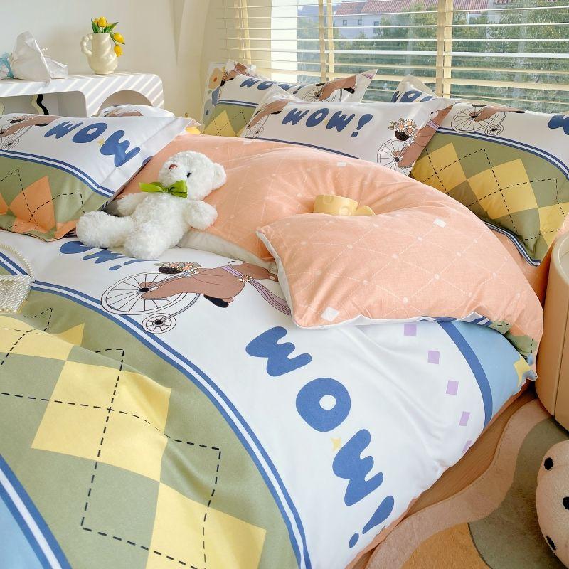 Thickened Pure Abraded Four-piece Set, Single Double Skin-friendly Twill Bed Sheet, Quilt Cover, Dormitory Three-piece Set, Bedding