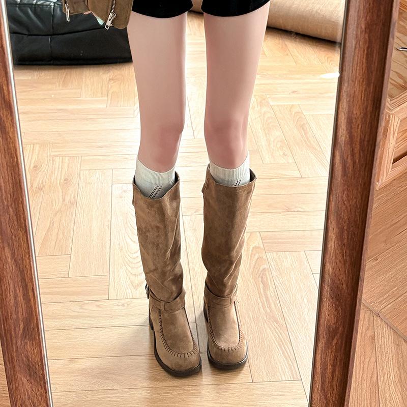 

Retro British style belt buckle thick heel knight boots women s 2025 autumn and winter new niche design thin pile boots 35