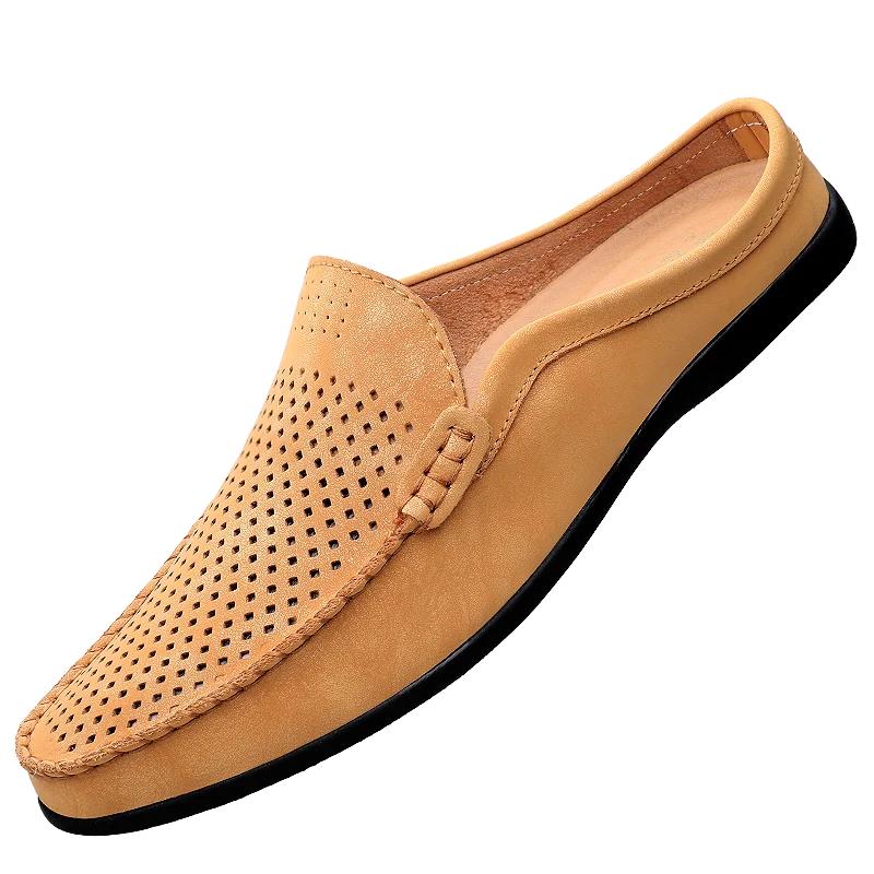 Fashion 2025New Men Summer Breathable Hollow Out Sandals Casual Leather Soft Bottom Walking Shoes Outdoor Flat Designer Half Drag Shoes