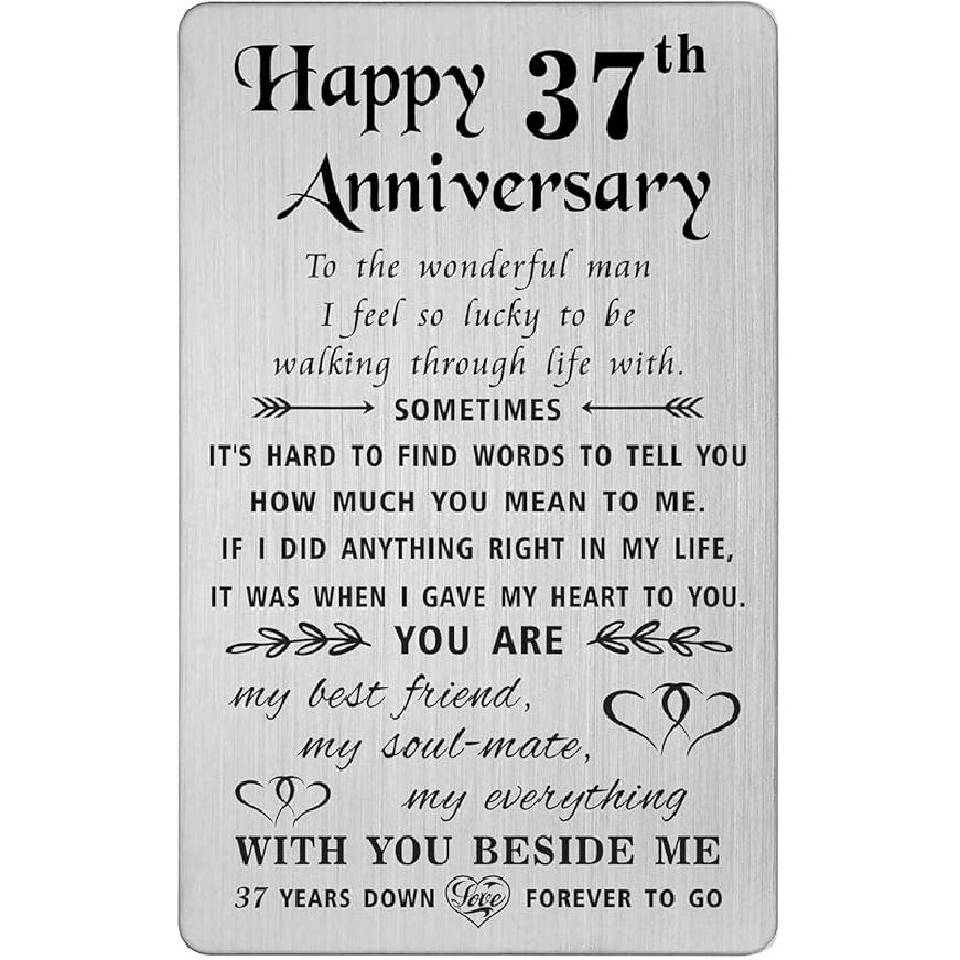 TANWIH 37th Anniversary Card for Husband - 37 Years Down Forever to Go - 37 Year Wedding Anniversary Card Gifts for Him Men, Engraved Metal Wallet 37th Anniversary for Him