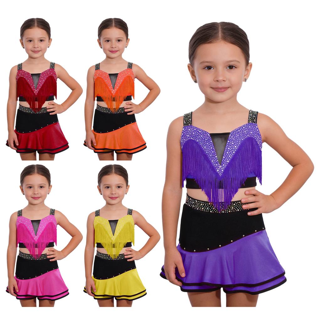 Kinder Mädchen Farbblock Latin Dance Crop Top Breite Schulterträger Quasten Strasssteine mit elastischem Bund Rock für Tango Rumba Gesellschaftstanz Performance