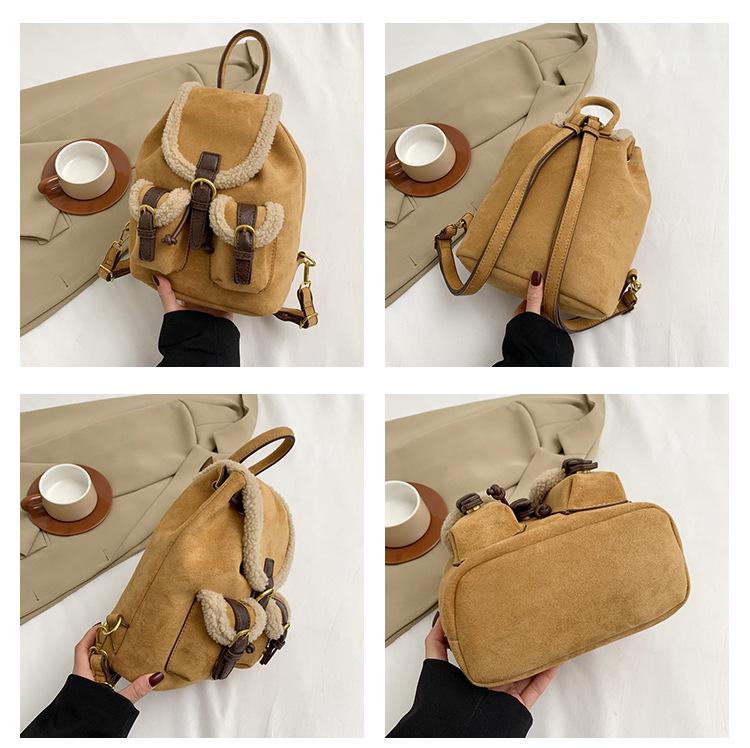 2025 Autumn/Winter Women's Retro Lambswool Color Block Handbag Backpack