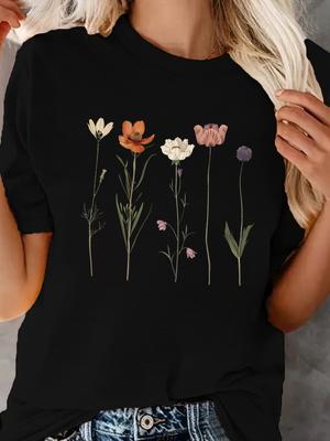 Four Floral Prints T-shirt Women's Harajuku Short Sleeve Casual T-shirt Clothing Street Tops Tees Aesthetic Clothes
