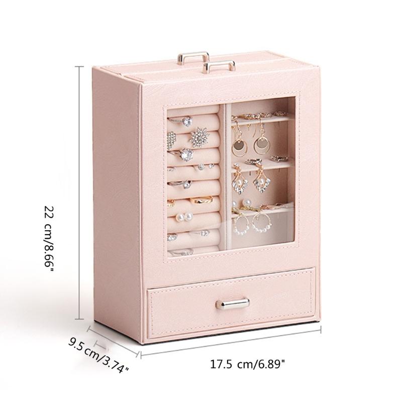 Smyckeskrin i PU Smyckesorganisatör Multifunktionell Förvaringsväska med Klart Fönster för Halsband Armband Ringar Örhängen