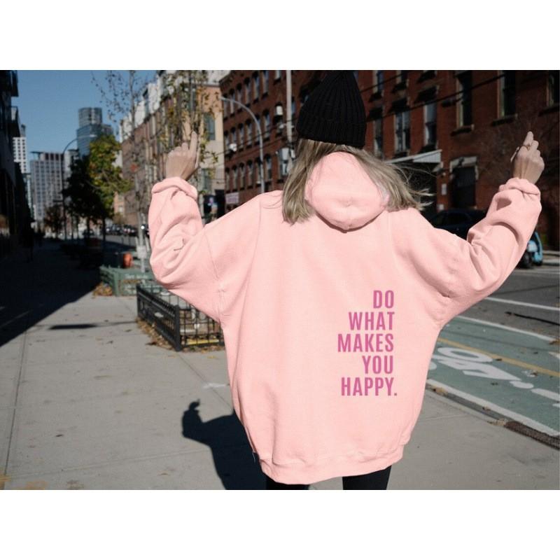 Womens Fleece-Lined Hoodie With Kangaroo Pocket Printed Letter Design Oversized Loose Fit Streetwear