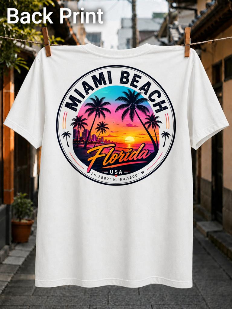 Miami Beach Florida Circular Neon Sunset Skyline Palms And Glowing Ocean Vibrant Retro Travel Style Unisex All Tshirt