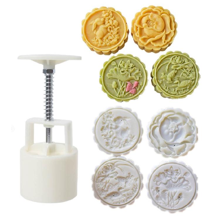 Chinese Traditional Mid-Autumn Mooncake Mold Set 4Pcs Different Round  Flower Patterns for Mooncake Biscuit Stamping
