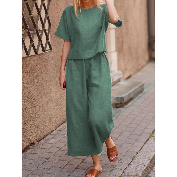 2025 Spring & Autumn Cross-Border Solid Color Casual Two-Piece Set with Fashionable Wide-Leg Pants