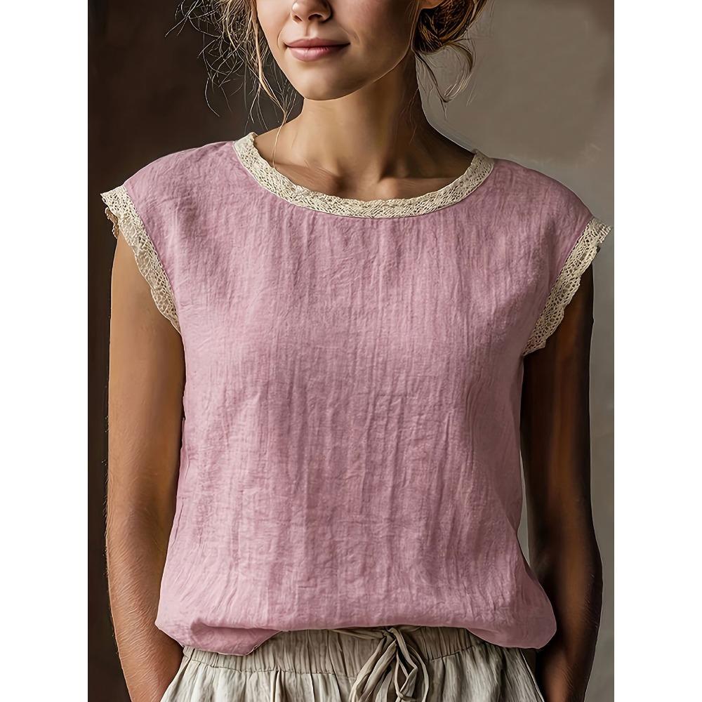 Lniany top z krótkim rękawem w stylu retro z damskim koronkowym patchworkiem, okrągły dekolt, luźny i wyszczuplający, letnia oddychająca lniana koszulka