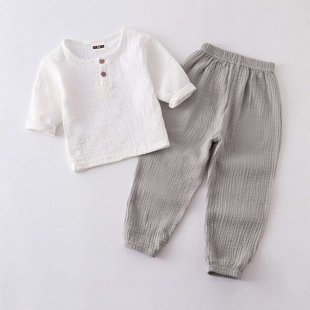 Kids Cotton Linen Long Sleeve Set Spring Summer Outfit Boys Girls Loose Two Piece Pure Color Breathable Comfortable