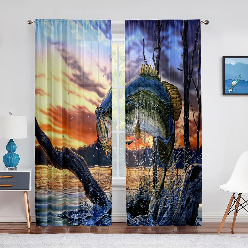 Goldfish Koi Fish Ink Painting Leaves Tulle Curtains for Living Room Bedroom Decor Chiffon Sheer Voile Kitchen Window Curtain