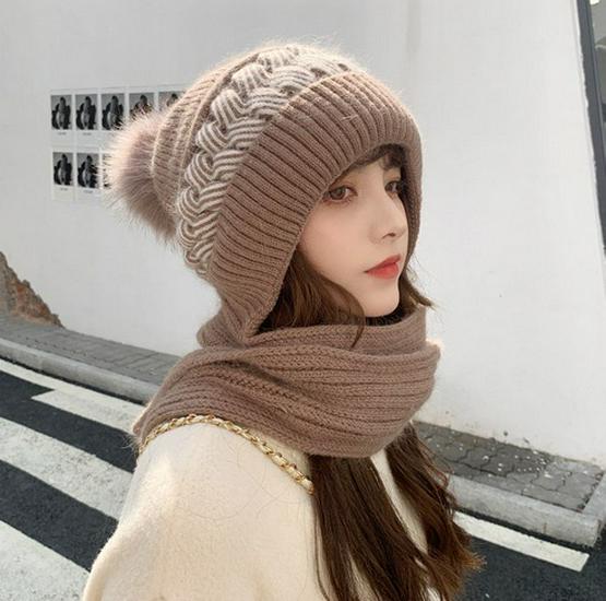 Damen Winter Wollmütze & Schal Kombi: Verdickt, Samtgefüttert, Vielseitig, Winddicht, Ohrenschützendes Strick.