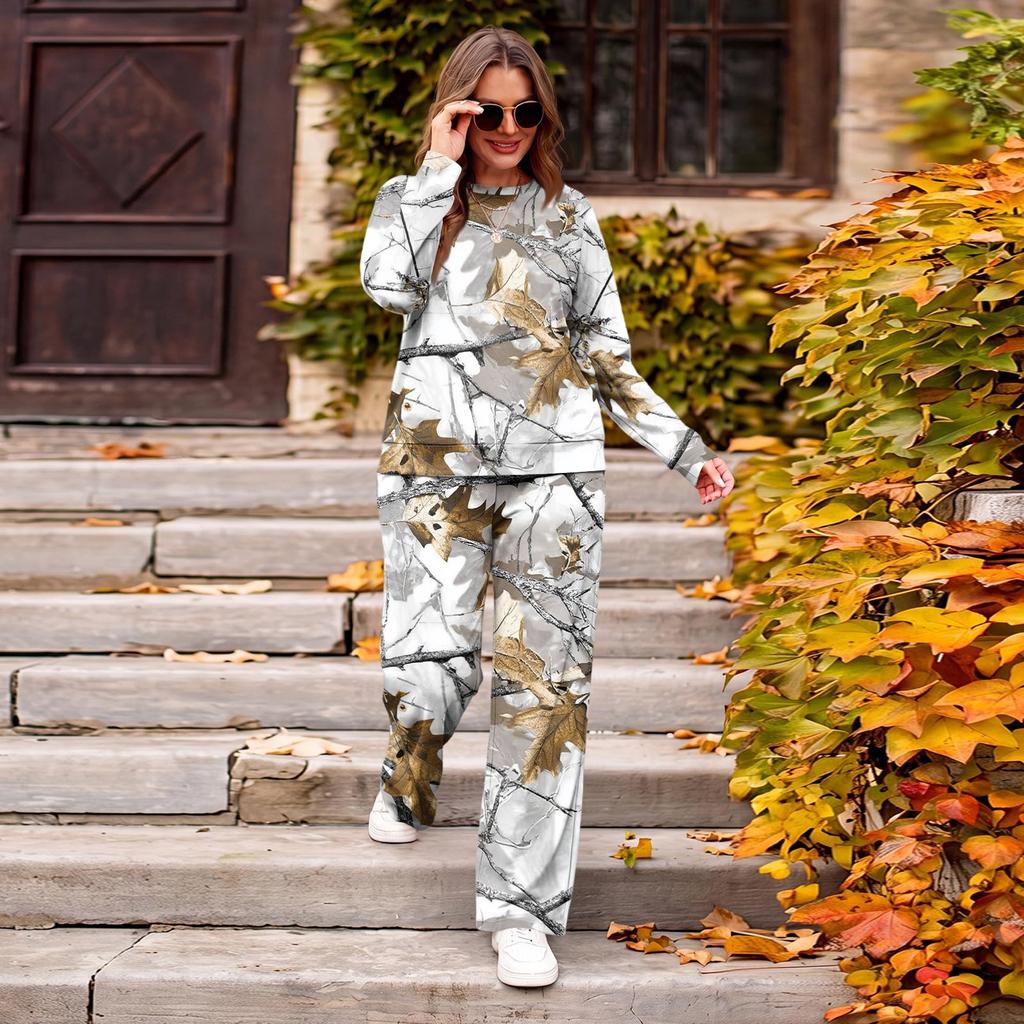 Women's Casual Round Neck Loose Fit Printed Sweatshirt and Sweatpants Set