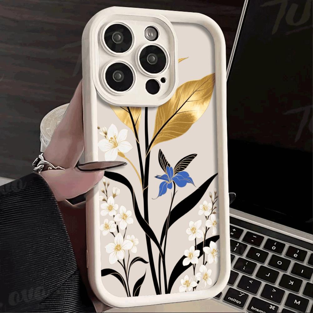 Goldblatt Florales Design Weiche TPU Handyhülle für iPhone 16 15 14 13 12 11 Pro Max Plus Stoßfest Anti-Rutsch Abdeckung