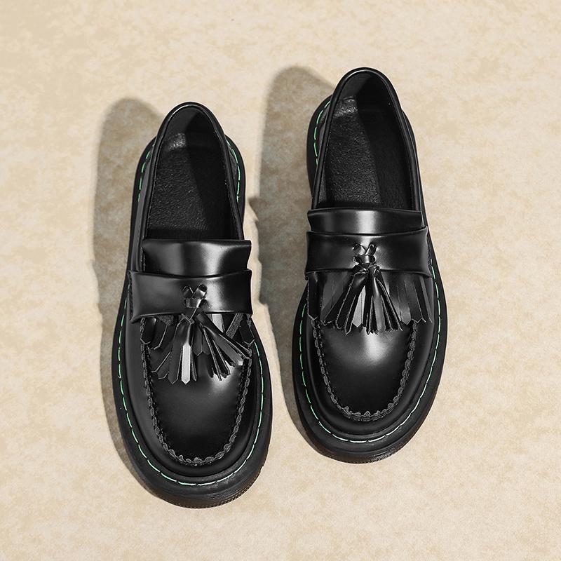 Fashion Breathable Slip On Loafers Thick Platform Casual Shoes Male Round Toe Cowhide Leather Driving Shoes Vintage Mens Summer Flats