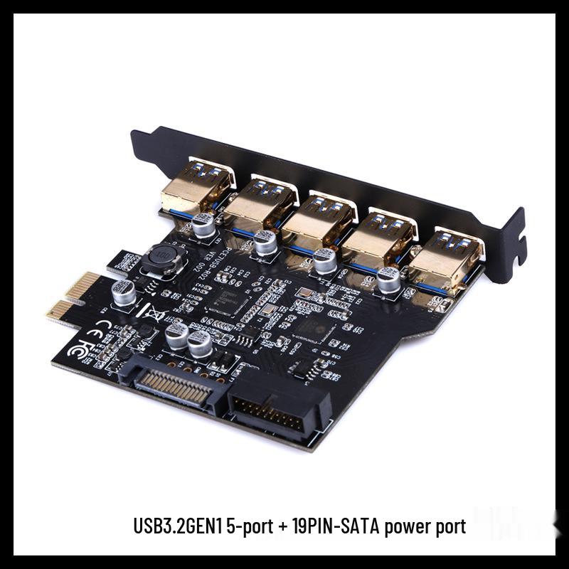 7-Port USB 3.2 Adapter Card with 5 External Ports + 19-Pin Front Panel, Dual-Core Host Controller, GEN1 5Gbps.