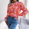 Women Y2K Autumn Winter Contrast Star Long Sleeve Pullover Sweater O Neck Knitted Tops