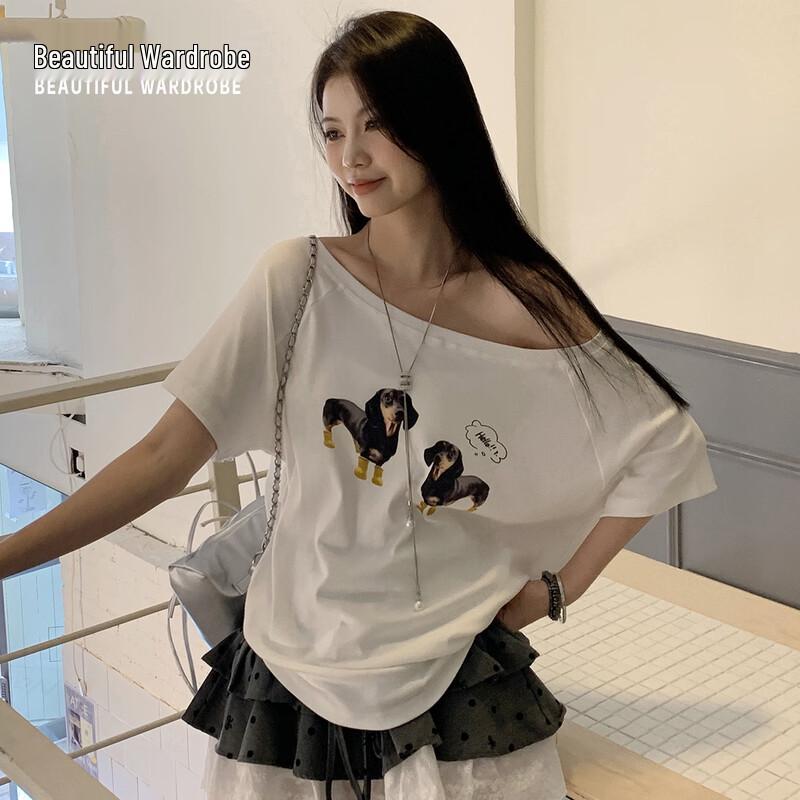 Women s Korean Style Dachshund Print Off-Shoulder T-shirt M белый