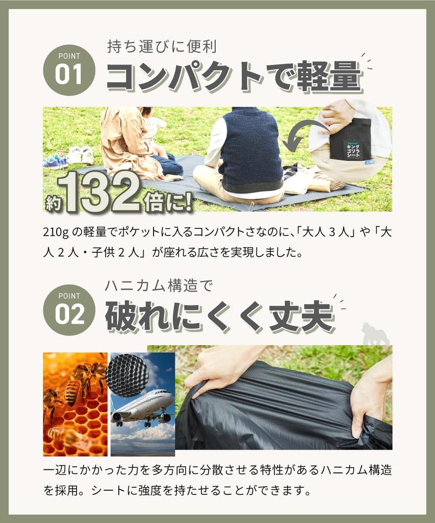 Gorilla Sheet, a lightweight, pocket-sized, large, washable, thick, lightweight picnic blanket for 3-4 people, also suitable as a camping tarp.