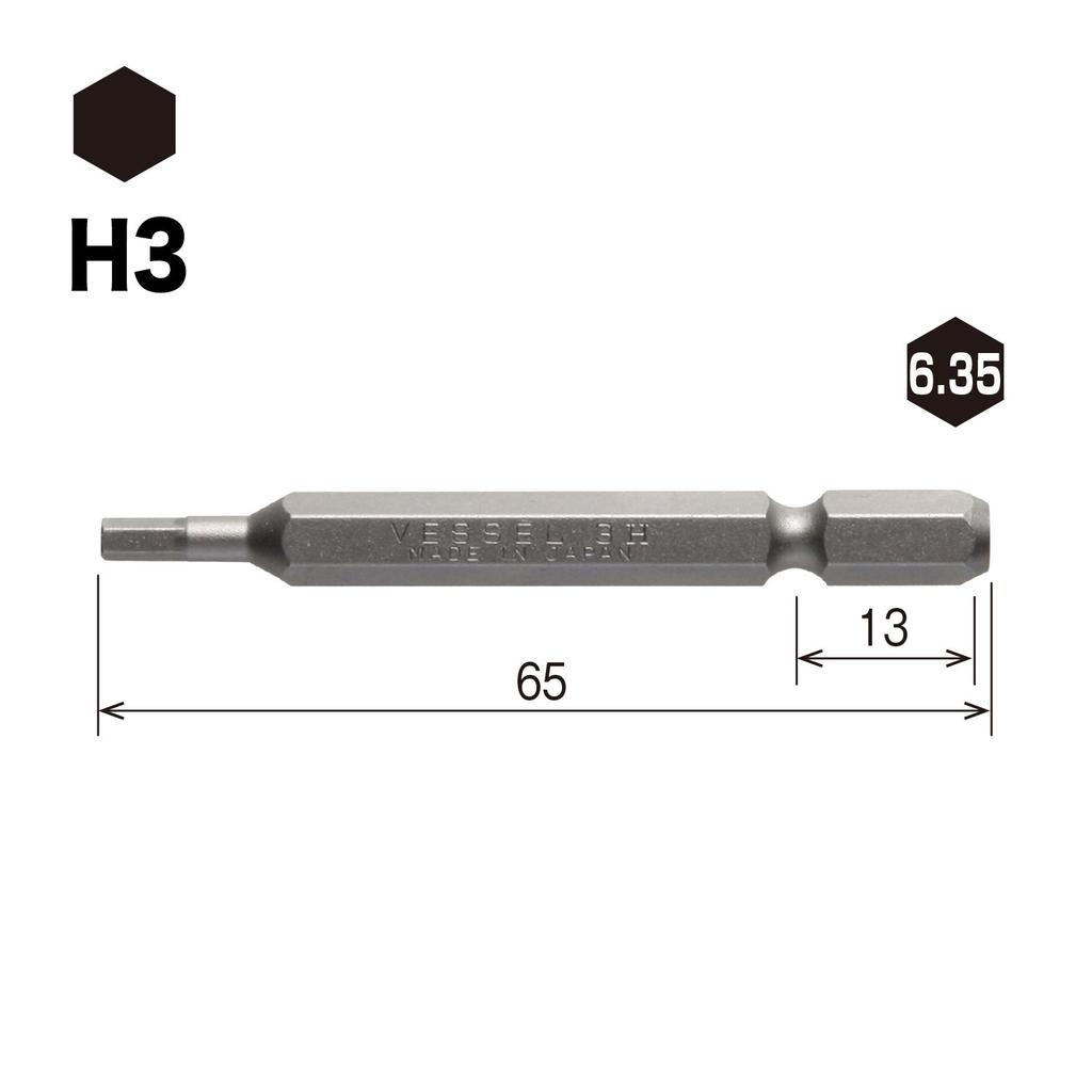 VESSEL Hex 3 X for Bolts and H A16 ZP Bits, 65mm, Screws, 10-Piece Set, Hardness (High Hardness),