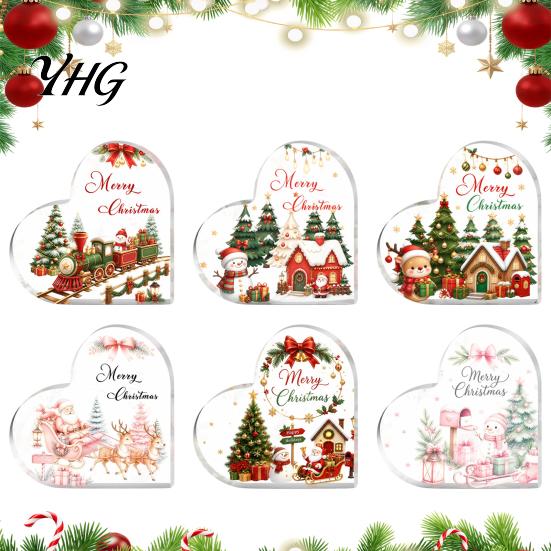 Transparent Heart Shaped Decor Acrylic Christmas Tabletop Sign, 2D Winter Snow Scene Desktop Ornament Romantic Gifts with Santa, Snowman & Xmas House,
