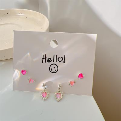 INS Y2K Pink Heart Stud Earrings for Women Girls Bow Dangle Earring Set Sweet Crystal  Earring Fashion Jewelry