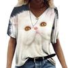 Sommer V-Ausschnitt 3D Katze Gedrucktes Oberteil Modische Lässige Kurzarm Damen T-Shirts