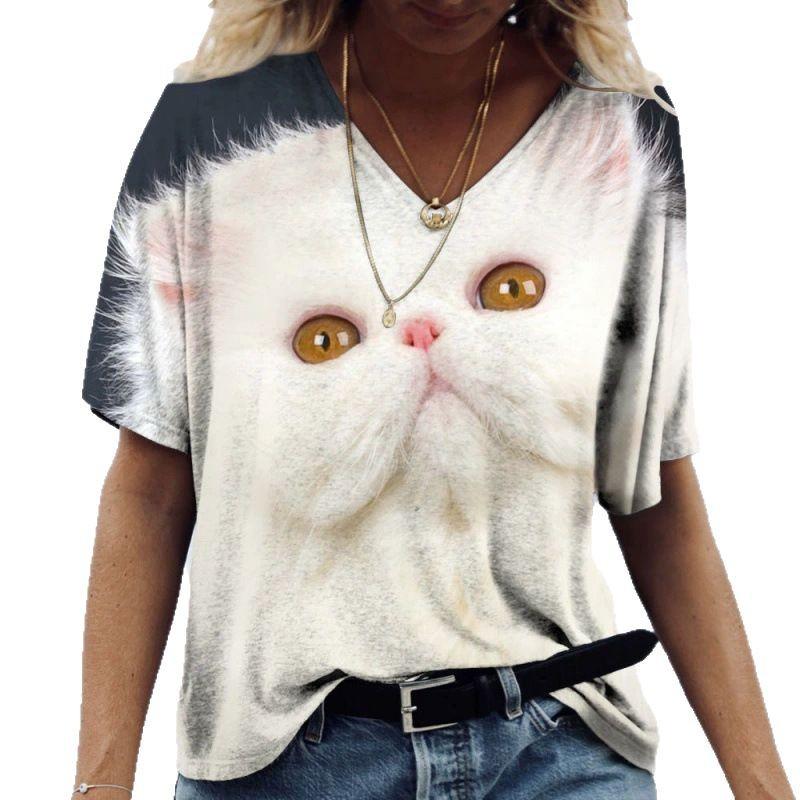 Sommer V-Ausschnitt 3D Katze Gedrucktes Oberteil Modische Lässige Kurzarm Damen T-Shirts