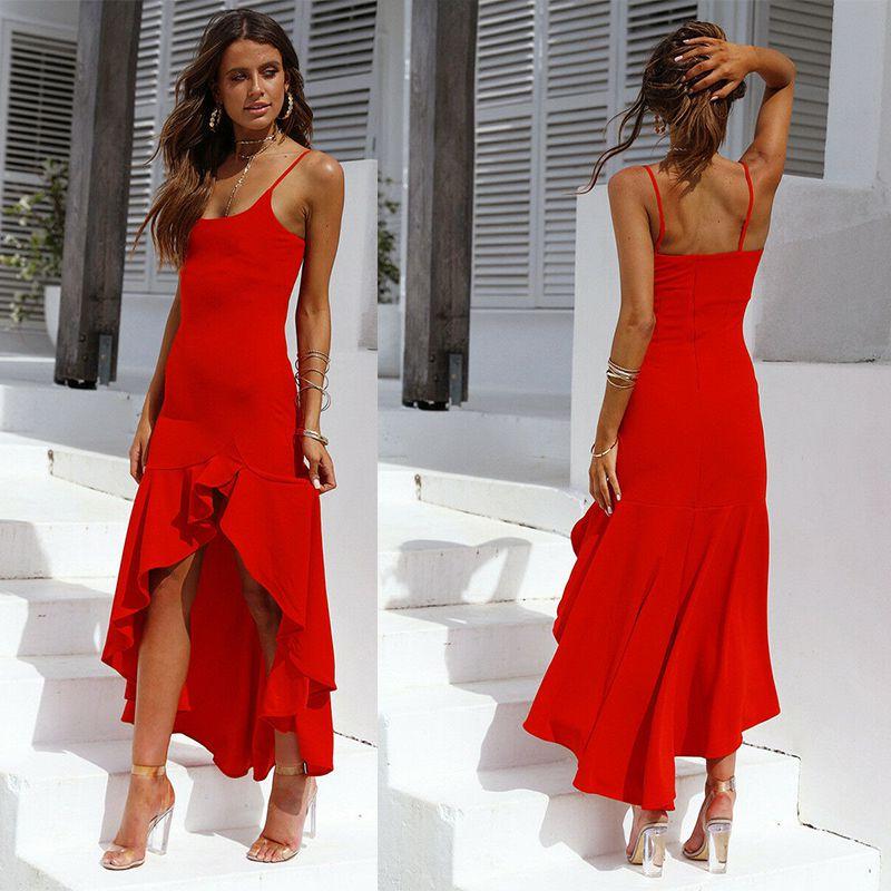 Elegant Women Sleeveless Ruffle Asymmetric Cocktail Long Maxi Sun Dress For Summer
