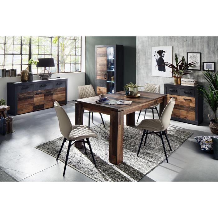 INDY Low Sideboard 4 Doors and 1 Drawer - Aged Wood and Matt Gray Melamine - L 178 X D 40 X H 77 Cm